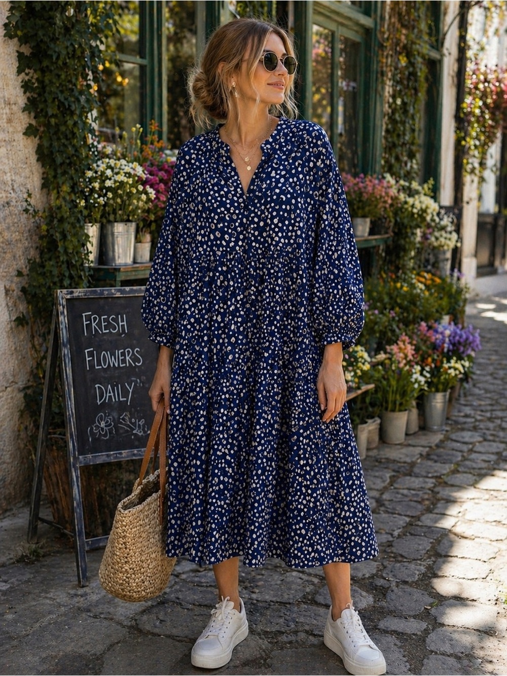 17. Easel Navy Floral Dress with Puff Sleeves